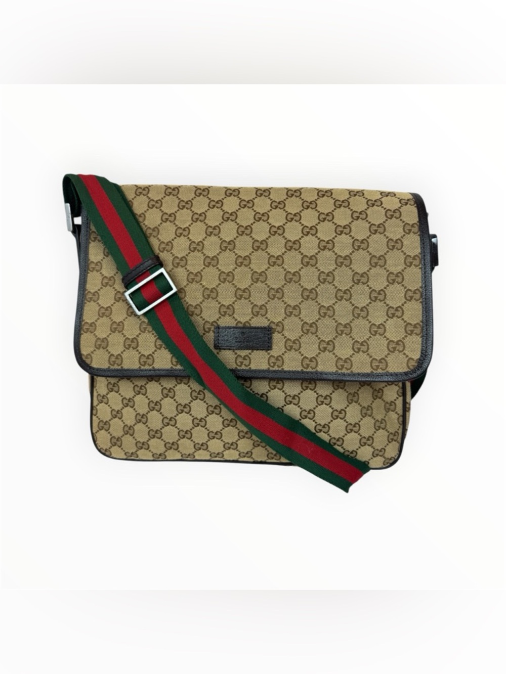 Men's Beige GG Monogram Messenger Bag with Green-Red Strap